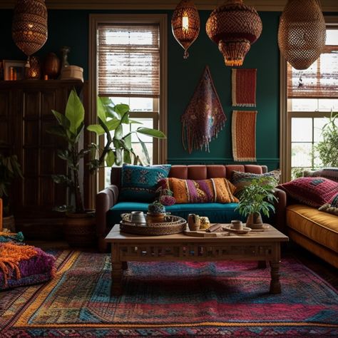 bohemian,mediterranean,living,room,turkish,rugs,moroccan,lanterns,colorful,textiles,creating,vibrant,eclectic,space,3d render,3d rendering,room,interior,living room,apartment,luxury,architecture,decor,contemporary,chair,table,wall,house,rug,television,bookshelf,curtains,sofa,lamp,generative ai,generative,ai Boho Moroccan Living Room, Jewel Tone Living Room, Turkish Living Room, Mediterranean Living Room, Modern Living Room Ideas, Moroccan Room, Statement Light Fixture, Bedroom Colour, Moroccan Lantern