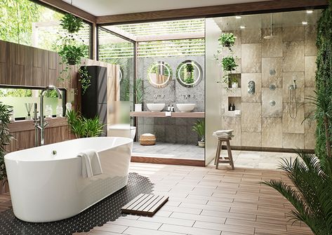 In our Tropical bathroom, we’ve divided the space up into distinct zones using different types of tile. For the shower area, we’ve gone with stone effect, for the wash area, where you’d normally have your basin and toilet, we’ve gone with wood effect, and for the bath area, we’ve opted for slate effect. #BathroomShowerTile Tropical Bathroom Decor, Spa Bathroom Design, Zen Bathroom Design, Outdoor Bathroom Design, Tropical Bathroom, Zen Bathroom, Spa Bathroom, Bad Inspiration, Outdoor Bathrooms