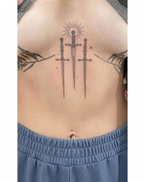 Dagger Sternum Tattoo, Swords Tattoo, Sternum Tattoo Design, Mystical Tattoos, Gothic Ideas, Knife Tattoo, Dagger Tattoo, Stomach Tattoos, Sternum Tattoo