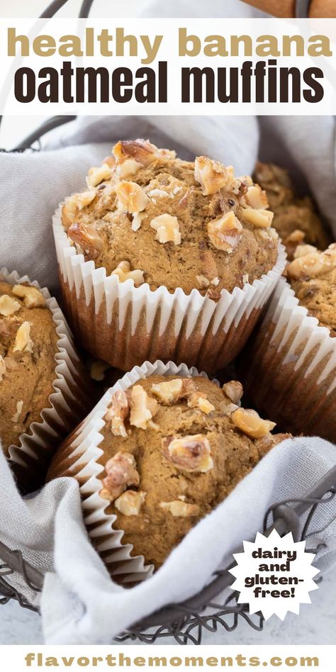 Banana Oat Muffins are tender, fluffy and packed with banana flavor! They're dairy and gluten-free and great for meal prep breakfast! #banana #oatflour #muffins Banana Muffins With Oats, Gluten Free Breakfast Muffins, Flourless Banana Muffins, Banana Oatmeal Muffins Healthy, Easy Breakfast Smoothies, Banana Oatmeal Muffins, Healthy Blueberry Muffins, Healthy Banana Muffins, Banana Oat Muffins