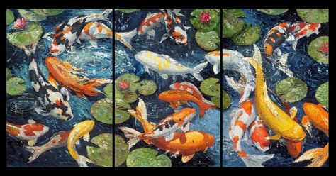 Triptych Painting Ideas, Triptych Painting, Koi Fish Art, Koi Fish Painting, Table Painting, Art Triptych, Koi Painting, Triptych Art, Long Painting