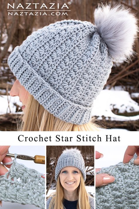 How to Crochet the Star Stitch Hat - Naztazia ® Crochet Star Stitch, Hats Pattern, Stitch Hat, Crochet Winter Hats, Easy Crochet Hat, Crochet Star, Crochet Hat Free, Crochet Knit Hat, Bonnet Crochet