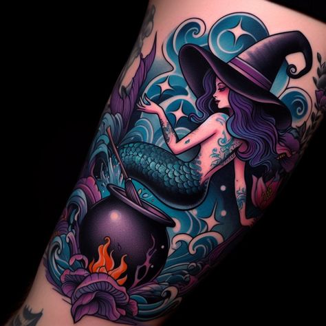 Best Feminine Tattoos, Witch Mermaid, Witchcraft Tattoos, Best Cover Up Tattoos, Mermaid Tattoo Designs, Tattoo Thoughts, Water Tattoo, Mommy Tattoos, Witch Tattoo