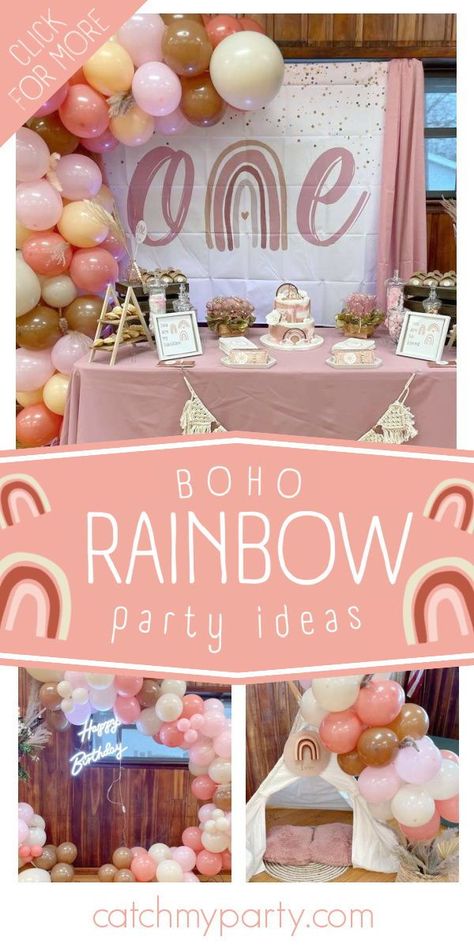 Take a look pretty boho rainbow 1st birthday party! The dessert table is wonderful! See more party ideas and share yours at CatchMyParty.com Boho Themed 1st Birthday Party, 1st Birthday Food Table Ideas, 1st Birthday Party Rainbow Theme, Rainbow Themed First Birthday Party, Boho Rainbow Party Food, Boho Rainbow Dessert Table, 1st Birthday Boho Theme Girl, Boho Rainbow Centerpiece Ideas, 1st Birthday Girl Rainbow Theme