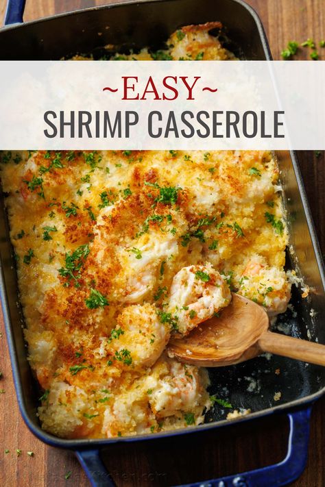 In our Shrimp Casserole recipe, we top a cheesy and creamy shrimp with crunchy bread crumbs that bake up perfectly in the oven. This 30-minute meal is perfect for a holiday table, but easy enough for a weeknight dinner. Shrimp And Broccoli Casserole, Leftover Shrimp Recipes Ideas, Shrimp Bake Recipes, Canned Shrimp Recipes, Shrimp Baked In Oven, Shrimp Casserole Recipes Easy, Shrimp Breakfast, Shrimp And Rice Casserole, Shrimp Bake