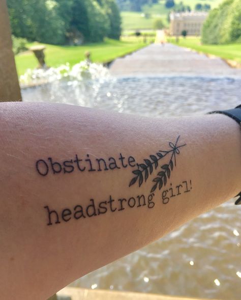 Jane Austen Pride & Prejudice tattoo with Pemberley in the background Obstinate headstrong girl Jane Austin Tattoo Ideas, Jane Austin Tattoo, Jane Austen Tattoo Ideas, Austen Tattoo, Jane Austen Tattoo, Pride And Prejudice Tattoo, Knitting Tattoos, Teacher Tattoos, Austin Tattoo