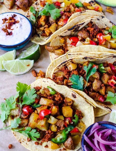 Easy Trader Joe's Soy Chorizo and Potato Tacos - Mom Under Pressure Soy Chorizo Recipes, Chorizo Recipe, Chorizo Tacos, Soy Chorizo, Taco Filling, Chorizo And Potato, Chorizo Recipes, Vegetarian Mexican, Potato Tacos