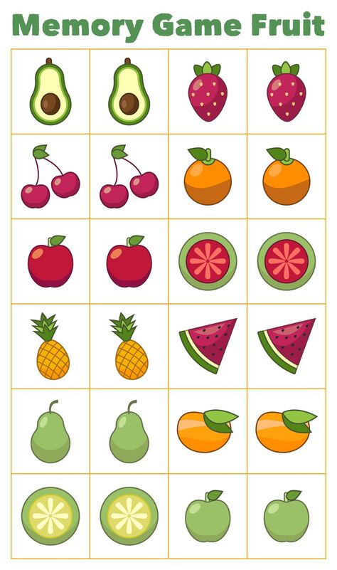 Food Games For Kids, Healthy Food Activities For Preschool, Game Fruit, Printable Games For Kids, Memory Match Game, Fruits For Kids, Memory Games For Kids, Matching Pairs, Visual Memory