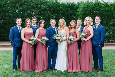 Navy And Rose Wedding, Wedding Color Schemes White, Dusty Rose Groomsmen Attire, Cinnamon Rose Wedding Color Scheme, Canyon Rose Wedding, Cinnamon Rose Bridesmaid, Rosewood Bridesmaid Dress, Navy Blue Groom Suit, Bridesmaid Dresses Navy Blue