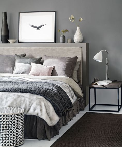 Grey bedroom ideas – grey bedroom decorating – grey colour scheme Grey Bedroom Paint, Dark Gray Bedroom, Grey Bedroom Design, Grey Bedroom Furniture, Grey Bedroom Decor, Bedroom Minimalist, Gray Walls, Grey Room, Grey Bedroom