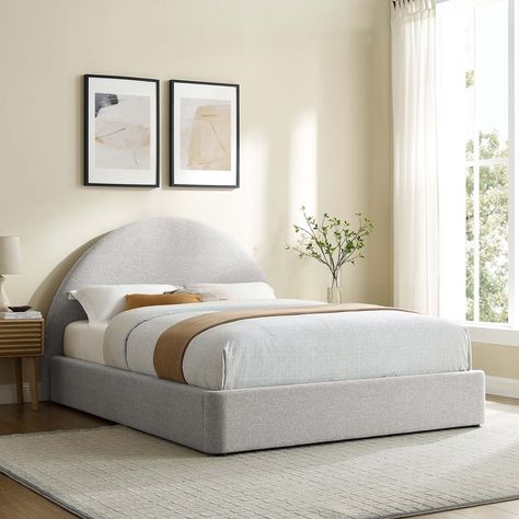 Step into a world of cozy elegance with the Resort king size platform bed. This king bed features a unique arched headboard that brings a fresh perspective to a primary bedroom or a spacious guest suite. Bedroom Decor Gray Headboard, Cloud Bed Frame, Round Headboard, Cloud Bed, King Platform Bed Frame, King Size Platform Bed, Full Size Platform Bed, Headboard With Lights, Arched Headboard