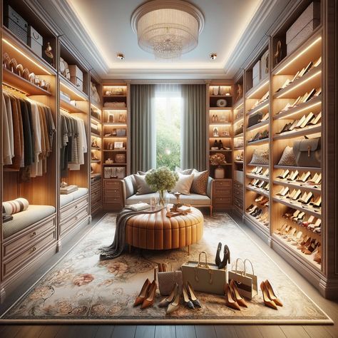 Walk In Closet With Seating Area, Cozy Walk In Closet, Womens Walk In Closet, Fancy Walk In Closet, Walk In Closet Design For Women, Huge Closets Luxury Walk In, Big Walk In Closet Luxury, Luxury Closet Designs Women, Luxury Walk In Closet Women