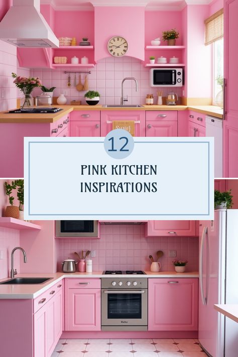 Looking to add a splash of color to your home? Check out these 12 delightful ideas for pink kitchens! From soft blush hues to bolder magenta, these styles can make your cooking space cheerful and inviting. Elevate the aesthetics of your kitchen with stunning pink cabinetry, accessories, and wall colors. Perfect for any chef, these ideas combine functionality with vibrant artistry, showcasing everything from modern minimalism to vintage charm! Explore these inspirations for the bright and beautiful kitchen of your dreams! Pink Kitchen Inspiration, Retro Pink Kitchens, Pink Kitchens, Wooden Countertops, Checkerboard Floor, Vintage Appliances, Green Cabinets, White Countertops, Pink Kitchen