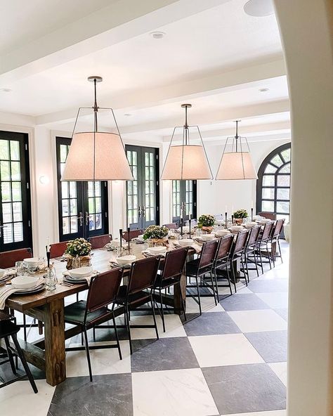 JULIA MARCUM · homebody 🏡 (@chrislovesjulia) • Instagram photos and videos Checkered Tile Floor, Small Leather Chairs, Dining Room Lighting Over Table, Creative Lighting Ideas, Checkered Tile, Dining Room Updates, Build A Table, Casual Dining Rooms, Creative Lighting