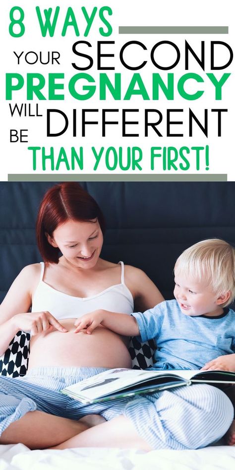 pregnant mom with toddler touching her belly. Pin text reads: "8 ways your second pregnancy will be different than your first!"