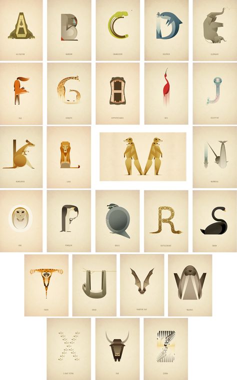 London-based illustrator Marcus Reed developed this clever typography series in which animals look like the 26 letters of the alphabet. Whimsical Alphabet, Animal Typography, Clever Animals, Typography Alphabet, Beautiful Typography, Alphabet Book, Creative Typography, Alphabet Art, Animal Alphabet