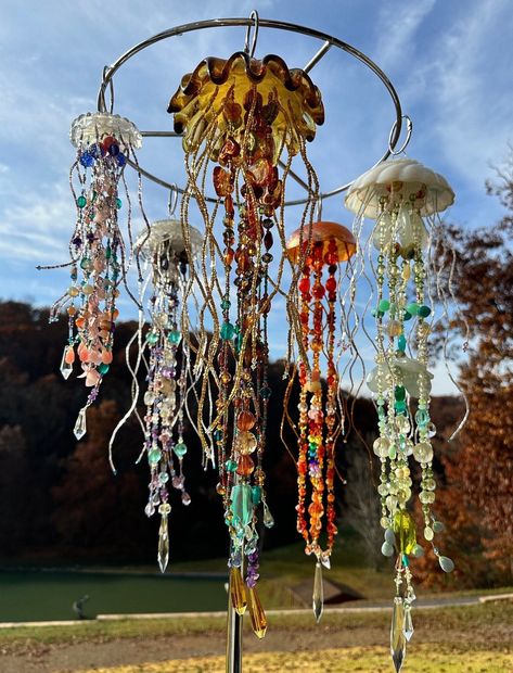 Jellyfish Diy Craft, Hanging Jellyfish Diy, Hanging Jellyfish Decor, Paper Mache Jellyfish, Ceramic Jellyfish, Jellyfish Windchime, Jellyfish Suncatcher, Jellyfish Mobile, Diy Jellyfish Decoration