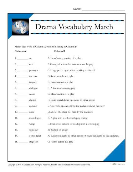 Printable Drama Vocabulary Match Worksheet. This is a fun way to teach vocabulary in the classroom and at home. “Drama Vocabulary Match” is ideal for grades 3 and 4. Drama Worksheets, Drama Vocabulary, Drama Terms, Match Worksheet, Middle School Drama, Dictionary Skills, Drama Activities, Elements Of Drama, Teaching Theatre