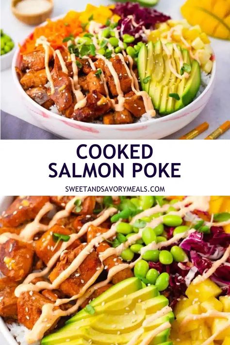 Cooked Salmon Poke Recipe - Sweet and Savory Meals Cooked Salmon Poke Bowl, Salmon Poke Recipe, Salmon Poke Bowl Recipe, Salmon Poke Bowl, Gluten Free Salmon, Fish Dinners, Poke Recipe, Cooked Salmon, Crunchy Veggies