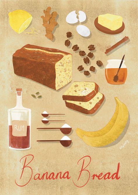 Banana Bread Illustration, Banana Bread Drawing, Drawing Recipes, Bread Illustration, Menu Art, Recipe Drawing, Eating Bananas, Visual Recipes, Food Sketch