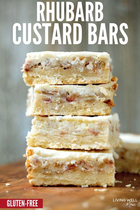 Gluten Free Rhubarb Recipes, Custard Squares, Rhubarb Custard Bars, Custard Bars, Rhubarb Desserts Recipes, Rhubarb Bars, Whipped Cream Topping, Rhubarb Custard, Gluten Free Bars