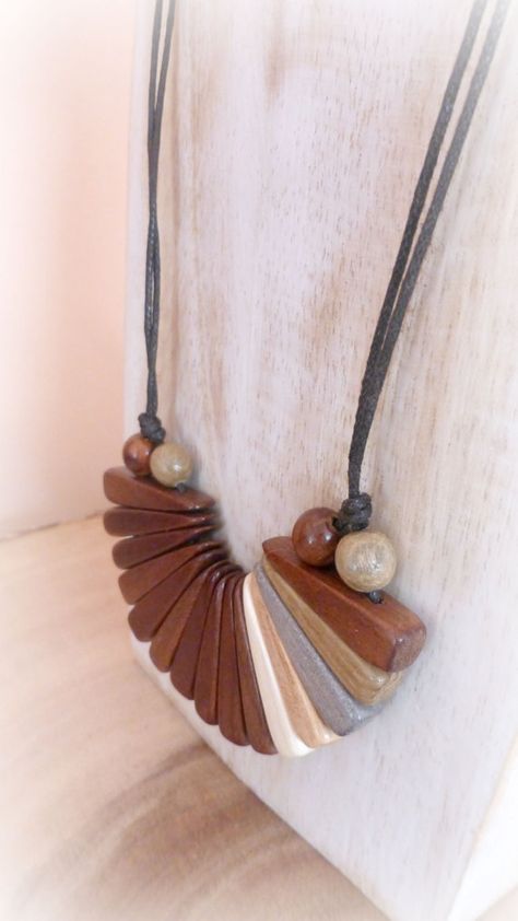 Wooden cord bib necklace Unique handmade wood jewelry Earthy Women, Unique Jewelry Vintage, Wood Jewelery, Laser Cut Wood Earrings, Wood Anniversary, Wood Anniversary Gift, Boho Choker, Easy Diy Jewelry, Wooden Necklace