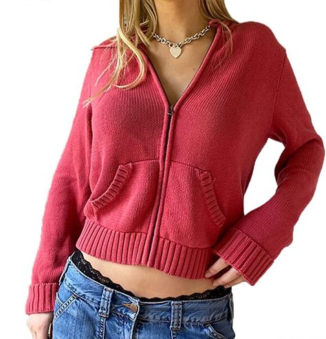 Estilo Hipster, Korean Tops, Outfit Vintage, Cardigan Casual, Y2k Sweater, Jumpsuit Outfit, Hoodie Cardigan, Winter Hoodies, Red Sweater