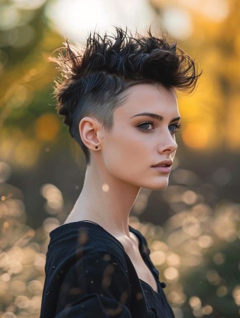 For those looking to make a statement without going over the top, the minimalist mohawk offers a bold yet refined look. It’s best for individuals with short hair and works well on any face shape. This cut is perfect for creative professions or anyone who wants to stand out in a crowd. Mohawk Women Short Pixie Haircuts, Short Hairstyle Women Mohawk, Short Pixie Mohawk, Crazy Short Hair, Mohawk Women Short, Women’s Short Hairstyles, Short Mohawk Hairstyles For Women, Mohawk For Women, Minimalist Haircut