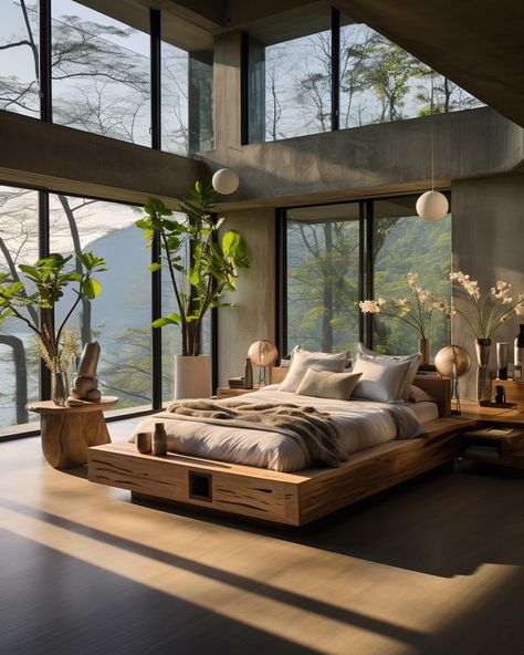 Which Biophilic bedroom aesthetic is your man choosing?🤭✨ We love a home filled with nature and natural materials! We design spaces for clients worldwide, find out more info on our website, link in bio! #interiordesign #interior #biophilia Nature Bedroom Aesthetic, Biophilic Bedroom, Eco Bedroom, Big Windows Living Room, Paradise House, Tropical Room, Natural Bedroom, Hello Future, Modern Bedroom Interior