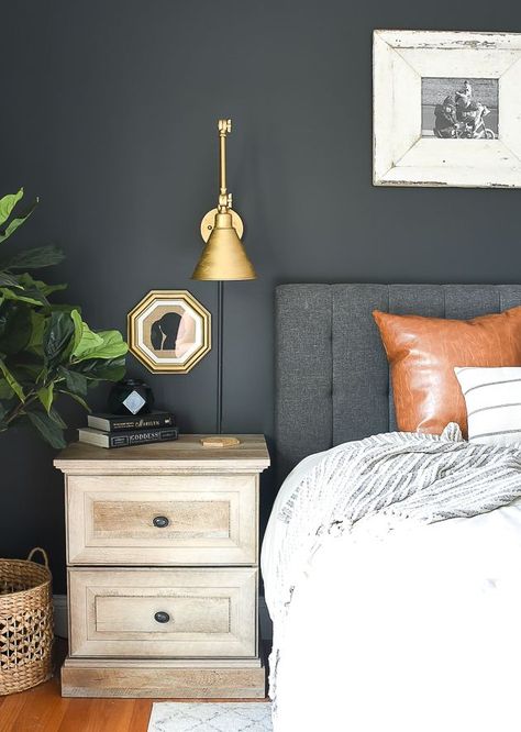 Dark and Moody Modern Farmhouse Bedroom. #highcontrast #modernfarmhouse #bedroom Iron Ore Bedroom, Dark And Moody Bedroom, Black Accent Walls, Modern Farmhouse Bedroom, Moody Bedroom, Bedroom Updates, Classy Bedroom, Dark Bedroom, Dark And Moody