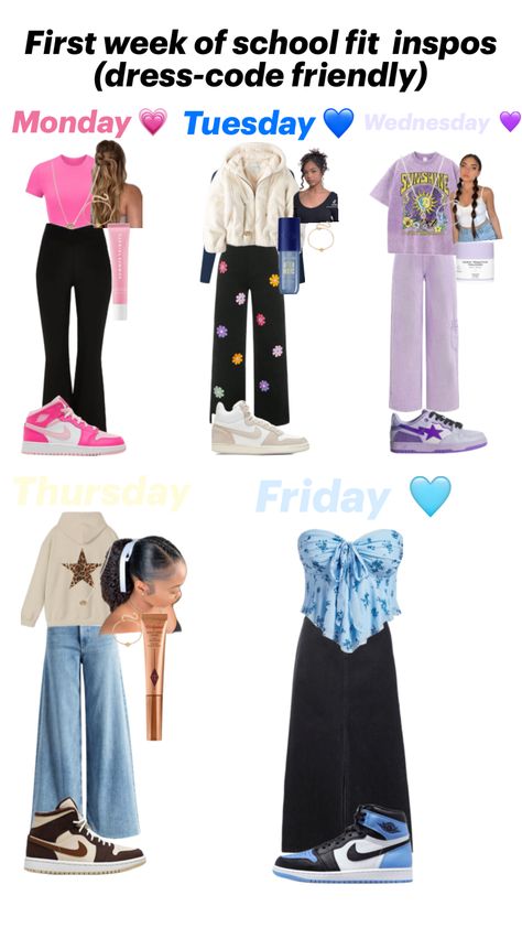 First week of school 🏫 outfit inspos( dress-code friendly) !!! #fyp #outfitinspo #outfits #cutefit #ootw #schoolfit First Day Of School Outfit, First Week Of School, Monday Tuesday Wednesday, Thursday Friday, Monday Tuesday, Cute Fit, Outfit Dress, School Fits, First Week