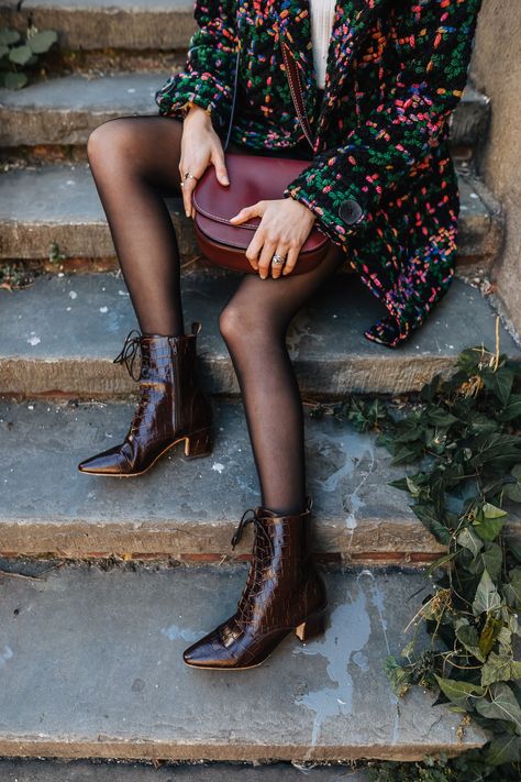 pointy-toe lace-up boots #boots #fallfashion Tweed Shoes Outfit, Victorian Lace Up Boots, How To Style Lace Up Boots, Laced Boots Outfit, Lace Up Boots Outfit Winter, Brown Lace Up Boots Outfit, Vintage Boots Outfit, Lace Boots Outfit, Pointy Boots Outfit