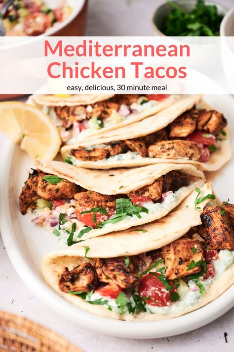 Mediterranean Chicken Pita Tacos, Greek Tacos Chicken, Mediterranean Recipes With Pita Bread, Dinners With Pita Bread, Mediterranean Tacos Recipes, Chicken Flat Bread Recipe, Recipes With Pita Bread Dinners, What To Make With Pita Bread, Mediterranean Diet Easy Recipes