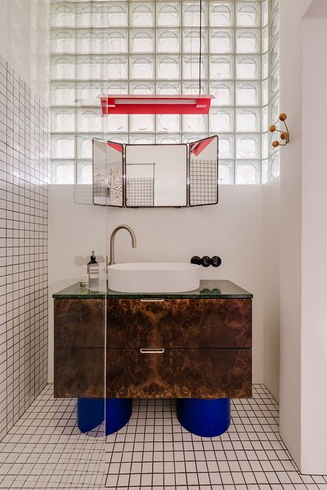 Photography © ONI Studio. Accents Walls, Bathroom Terrazzo, Pink Terrazzo, Walnut Burl, Statement Furniture, Glass Brick, Green Flooring, Single Bedroom, Custom Vanity