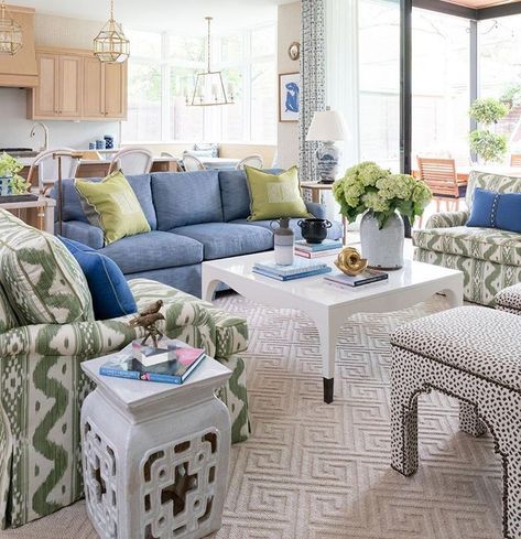 We love the vibrant prints and color used in this room designed by @kristennixinteriors . . . #repost #southernhomemag #livingroom… Decor Hallway, Decoration Bathroom, Colourful Living Room, Southern Homes, Transitional Living Rooms, Blue Sofa, Southern Home, Cheap Decor, Open Kitchen