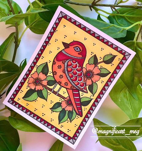 Folk Canvas Painting, Nice Drawings Creative, Madhubani Painting Bird, Madhubani Painting Flowers, Madhubani Easy Art, Easy Kalamkari Painting, Madhubani Art Bird, Pattachitra Art Easy, Madhubani Art Easy And Simple