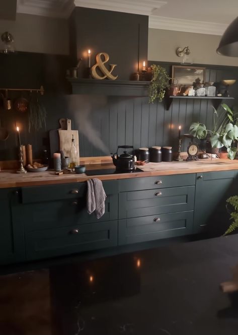 Dark Academia Interior Design Kitchen, Dark Academia Aesthetic Kitchens, Scottish Kitchen Design, Rustic Dark Green Kitchen, Dark Academia House Interior Kitchen, Dark Kitchen Cottage Core, Island Shapes, Outlander Kitchen, Cozy Craftsman