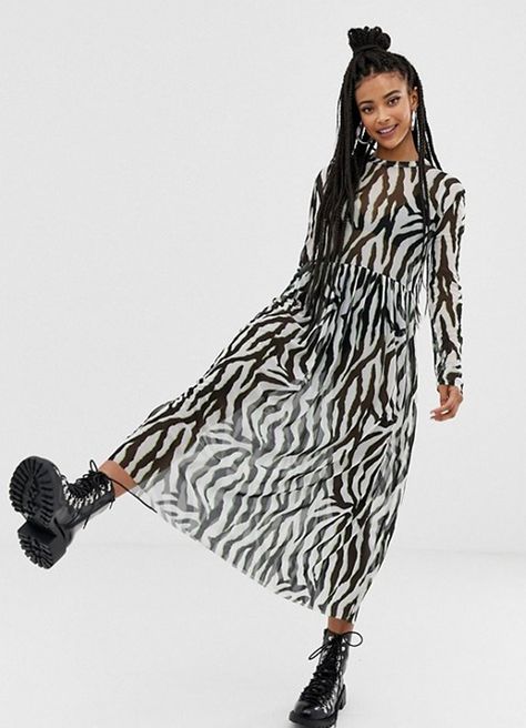 How To Wear Cowboy Boots, Fendi Boots, Mesh Maxi Dress, Animal Print Fashion, Maxi Dress Prom, Flowy Maxi Dress, Long Dress Casual, Reclaimed Vintage, Smock Dress