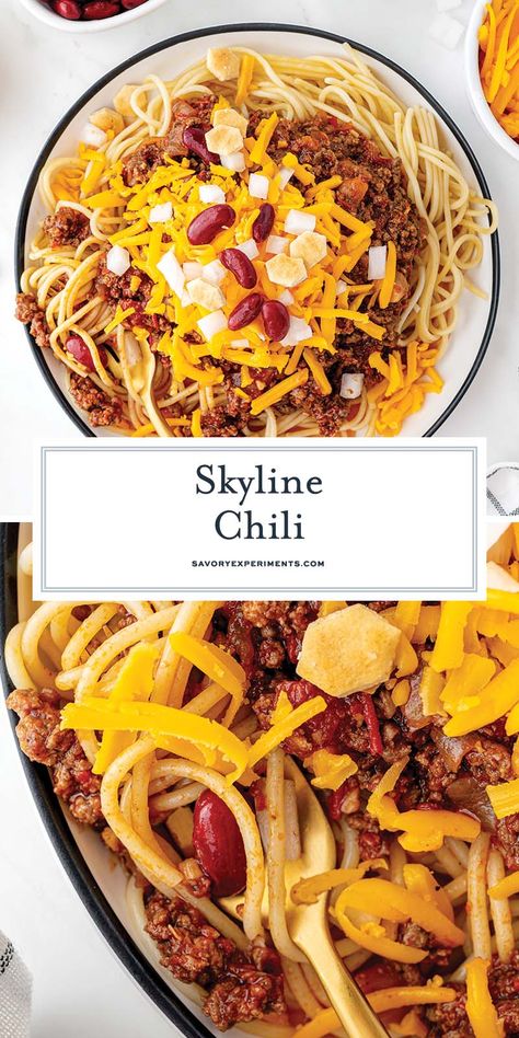 A Cincinnati favorite, This EASY Skyline Chili is easy to make and can be served over noodles and with piles of cheddar cheese on top! Cincinnati Chili Recipe Skyline, Vegetarian Cincinnati Chili, Skyline Chili Recipe, Crockpot Skyline Chili, Ohio Chili Cincinnati Skyline, Cincinnati Style Chili, Skyline Chili, Cincinnati Chili, Flexitarian Recipes