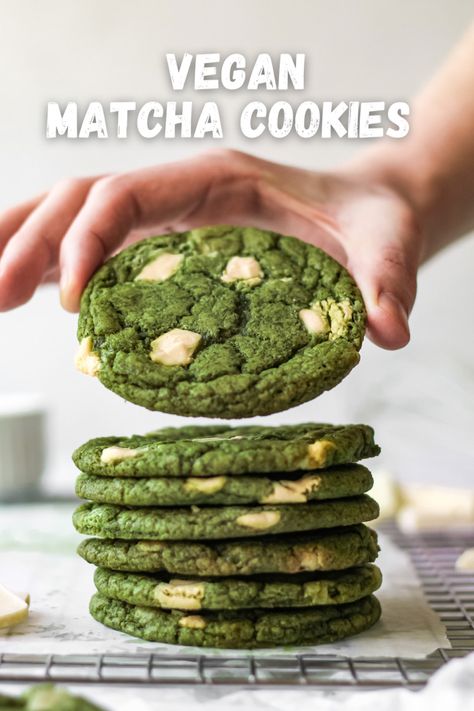 Stack of green matcha cookies speckled with white chocolate chunks. Matcha White Chocolate Cookies, Cookies Gooey, Matcha Vegan, Vegan Minimalist, Matcha White Chocolate, Roasted Hazelnuts, Matcha Cookies, Vegan White Chocolate, Vegan Cookies Recipes