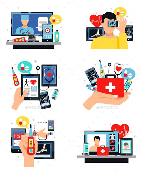 Digital health innovative self-care and control technology 6 symbols compositions set isolated flat vector illustration flat Digital Health Logo, Health Career Poster, Health Care Illustration, Health Illustration, Medicine Illustration, Health Symbol, Illustration Flat, Garment Workers, Online Doctor