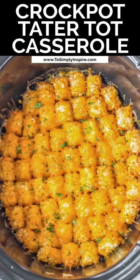 cheesey tater tot casserole cooking in a black slow cooker. Ground Beef Tater Tot Casserole Crock Pot, Tater Tot Casserole Slow Cooker, Easy Crockpot Tater Tot Casserole, Crockpot Tater Tots, Crockpot Recipes With Tater Tots, Tater Tot Casserole In Crockpot, Crockpot Tatertot Casserole Recipe Beef, Tator Tot Crockpot Recipe, Tatter Tots Casserole Crockpot