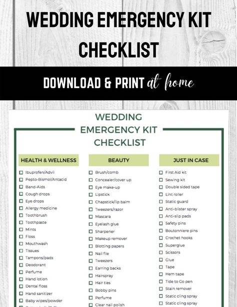 Wedding Emergency Kit Checklist Green - Etsy Wedding Emergency Kit Checklist, Emergency Kit Checklist, Bride Emergency Kit, Bridal Emergency Kits, Wedding Emergency Kit, Mini Sewing Kit, Chapstick Lip Balm, Allergy Medicine, Wedding Kit