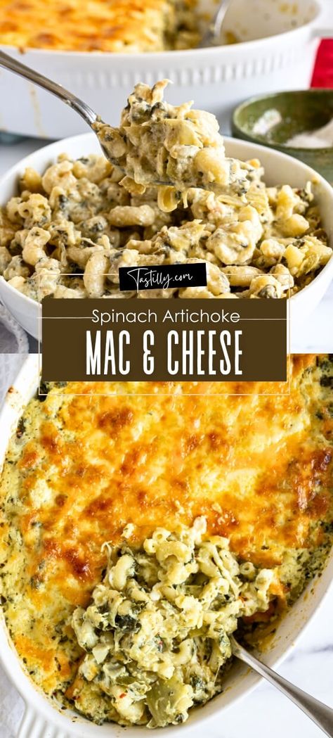 Easy 30-Minute Spinach Artichoke Mac & Cheese - Tastilly Spinach And Artichoke Pasta, Spinach Mac And Cheese, Spinach Artichoke Pasta, Live Deliciously, Artichoke Pasta, Mac Cheese, Spinach Artichoke, Artichoke Hearts, Vegetarian Cooking