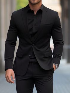 Black  Collar     Embellished Non-Stretch  Men Clothing Black On Black Mens Dress Outfits, Guy In All Black Suit, Ties With Black Suits, Black And White Mens Outfit Formal, Black Suit Jacket Outfit Men, Black Wedding Outfit Men, Black On Black Suit Men, All Black Homecoming Outfit For Guys, Men Formal Outfit Classy Suits