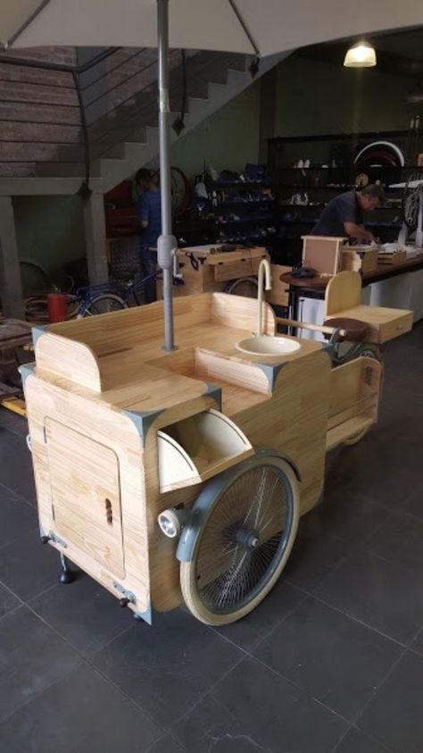 Wooden Food Cart Design, Food Stall Design Ideas Simple, Food Stall Design, Gerobak Dorong, Bike Food, Mobile Cafe, Bike Cart, Design Grill, Mobile Coffee Shop