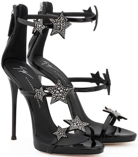 Giuseppe Zanotti 'Harmony Star' black patent sandal with three straps and stars Black Strappy Shoes, Heel Sandals Outfit, Hak Tinggi, Black High Heel Sandals, Black Patent Leather Shoes, Strappy High Heels Sandals, Dr Shoes, Giuseppe Zanotti Heels, Black Platform Sandals