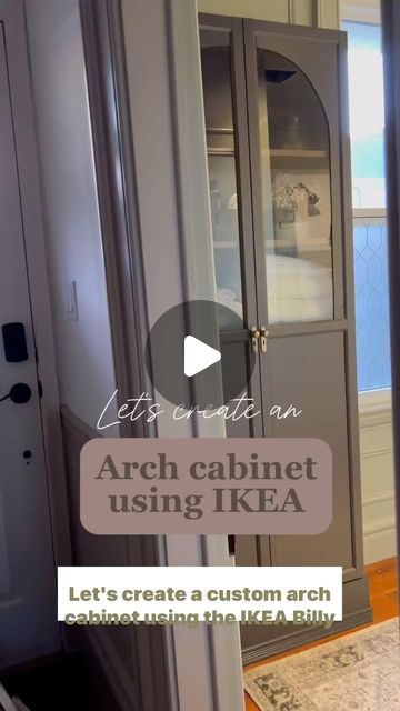 Billy Cabinet Hack, Ikea Billy Bookcase With Glass Doors, Billy Bookcase Ideas Living Room, Pantry With Billy Bookcase, Ikea Billy Oxberg Bookcase Hack, Billy Living Room Ideas, Billy Bookcase In Bathroom, Arched Cabinet Ikea Hack, Ikea Billy Bookcase Living Room