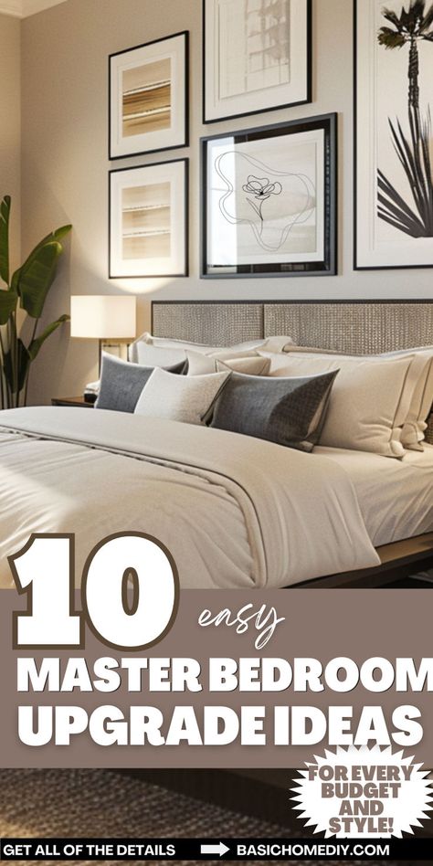 Transform your home with 10 easy master bedroom upgrade ideas for every budget! Find chic lighting, versatile furniture, and stylish vanity options to elevate your master suite. Whether a small or large layout, these DIY redecorating tips offer inspiration for cozy, earthy, and neutral designs. Find minimalist trends, boho vibes, and accents perfect for couples, women, and men. Find cheap ways to update your walls and add comfort with these ideas to bring fresh inspo to your bedroom makeover. Queen Bed Ideas For Small Rooms, Small Master Bed Makeover Bedroom Ideas, Small Master Bedrooms Ideas For Couples, Bedroom Makeover On A Budget, Bedrooms Ideas For Couples, Bedroom Makeover Before And After, Bedroom Upgrade, Chic Lighting, Versatile Furniture