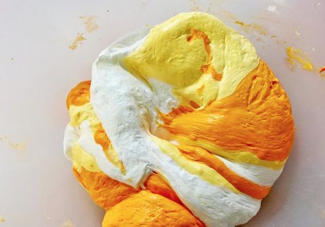 How To Make Puffy Candy Corn Slime | Macaroni KID Summit Short Hills SOMA Candy Corn Slime, Puffy Slime, Slime Halloween, Slime Ingredients, Yellow Food, Kids Forts, Orange Food Coloring, Playdough Kits, Yellow Foods